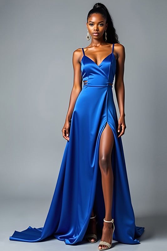 Satin Royal Blue A Line Long Prom Dress with Slit