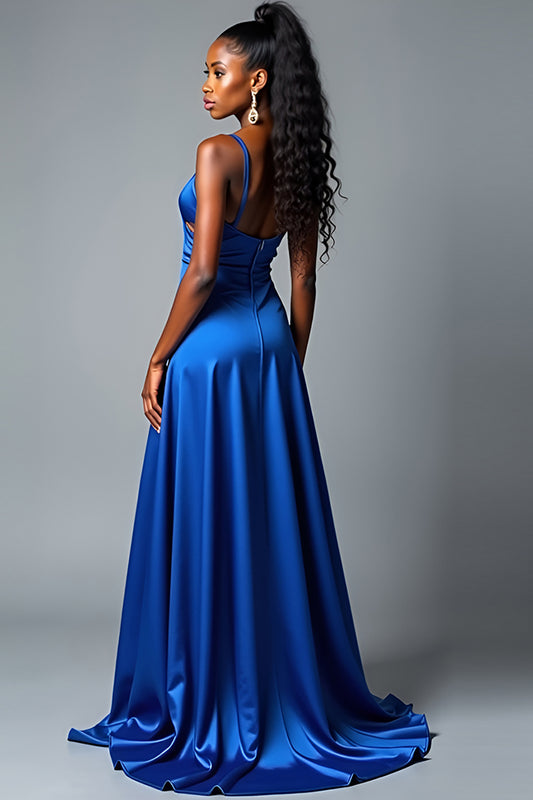 Satin Royal Blue A Line Long Prom Dress with Slit