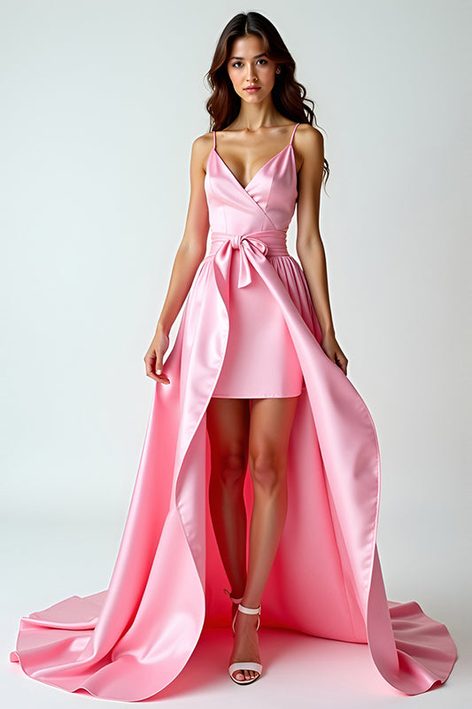 Asymmetrical Pink V-Neck High-Low Prom Dress