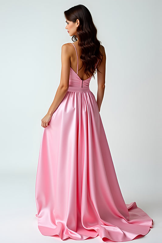 Asymmetrical Pink V-Neck High-Low Prom Dress