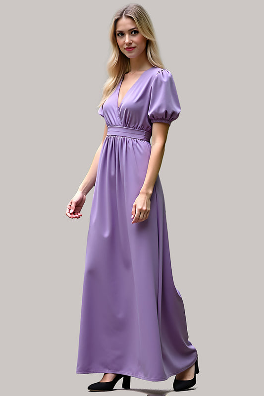 Purple Satin V-Neck Long Formal Dress with Short Sleeves