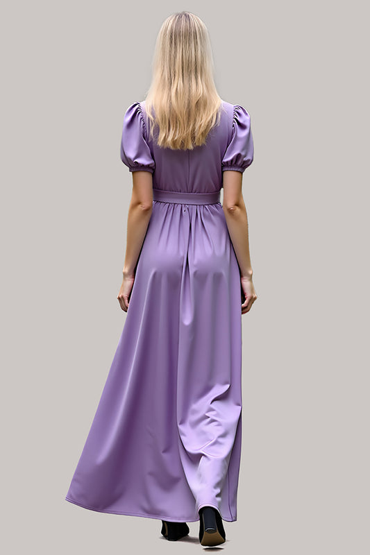 Purple Satin V-Neck Long Formal Dress with Short Sleeves