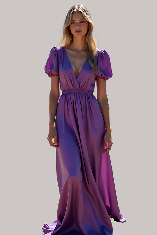 Backless Purple Ruched Long Formal Dress with Puff Sleeves