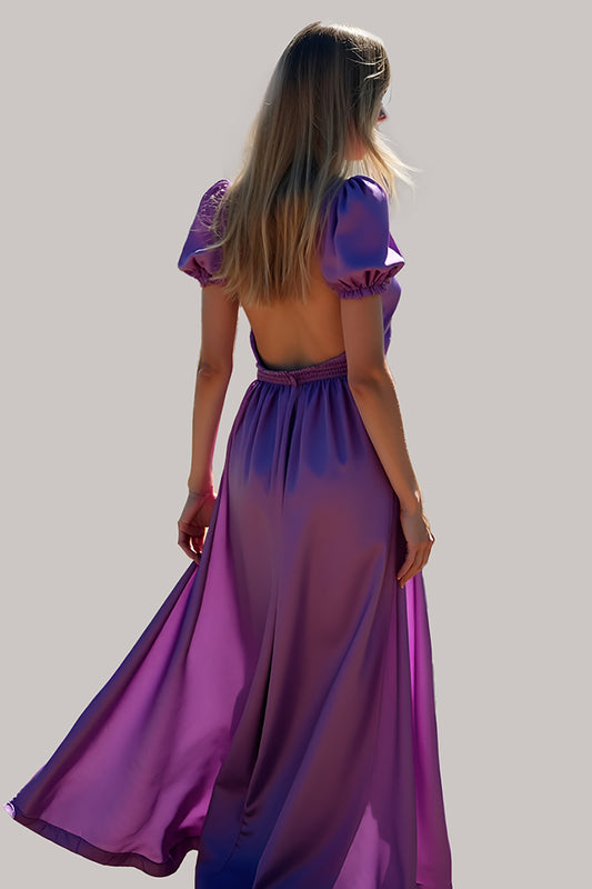Backless Purple Ruched Long Formal Dress with Puff Sleeves