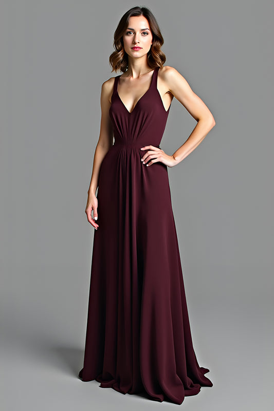 V-Neck Cabernet A Line Long Formal Dress