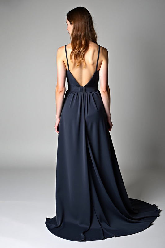 A Line Navy Deep V-Neck Long Chiffon Bridesmaid Dress