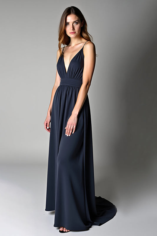 A Line Navy Deep V-Neck Long Chiffon Bridesmaid Dress