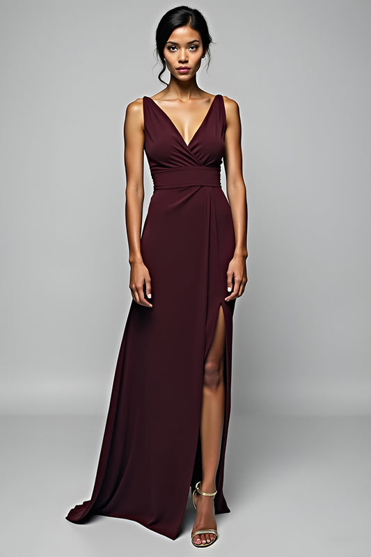 Backless Cabernet Sheath Long Formal Dress with Slit
