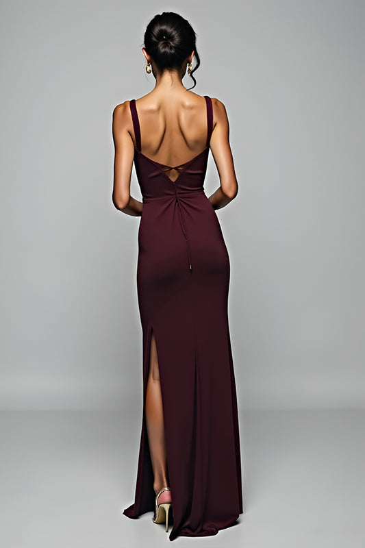 Backless Cabernet Sheath Long Formal Dress with Slit