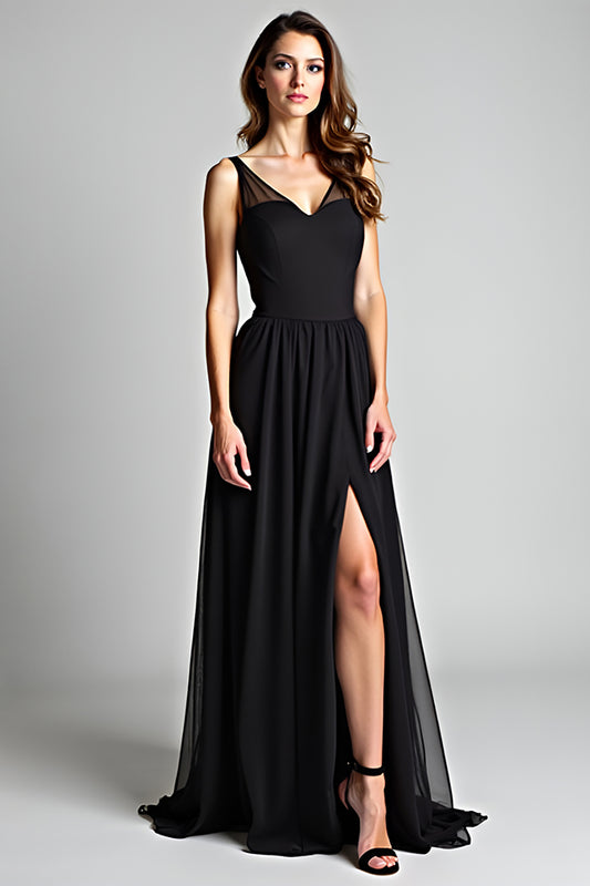 Black A Line V-Neck Long Formal Dress with Slit