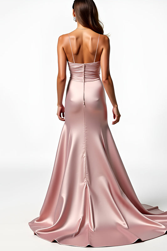 Mermaid Satin Dusty Rose Ruched Long Prom Dress with Slit