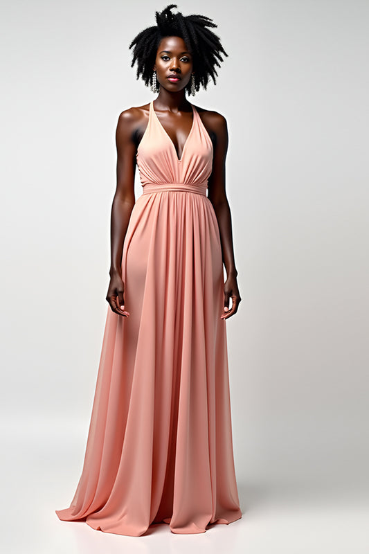Halter Blush Pink A Line Ruched Long Formal Dress