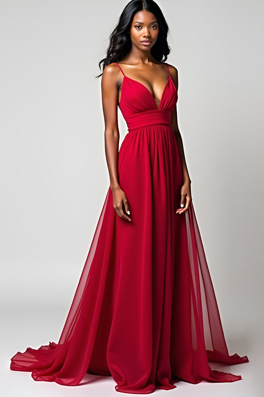 Backless Red Spaghetti Straps Ruched Long Formal Dress