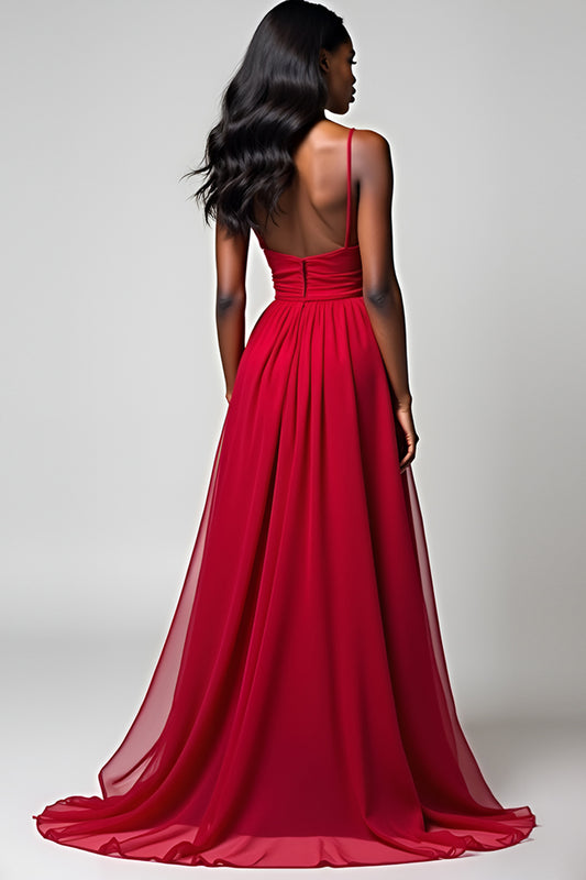 Backless Red Spaghetti Straps Ruched Long Formal Dress