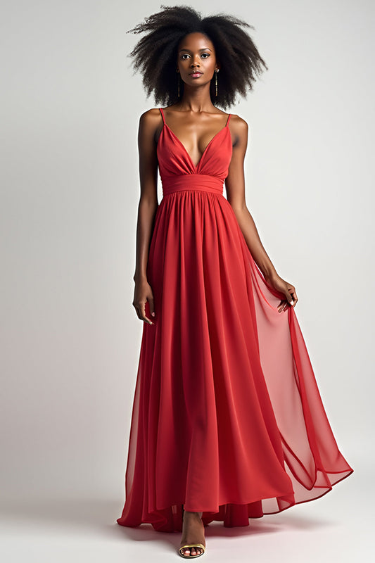 A Line Red Flowy Deep V-Neck Long Chiffon Bridesmaid Dress