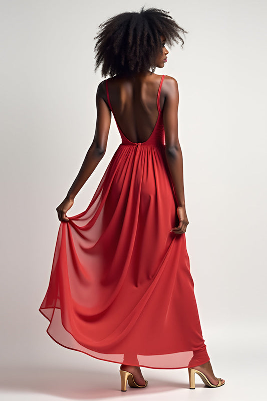 A Line Red Flowy Deep V-Neck Long Chiffon Bridesmaid Dress