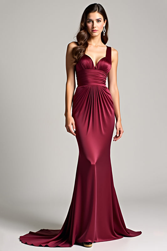 Ruched Burgundy Sheath Backless Long Formal Dress