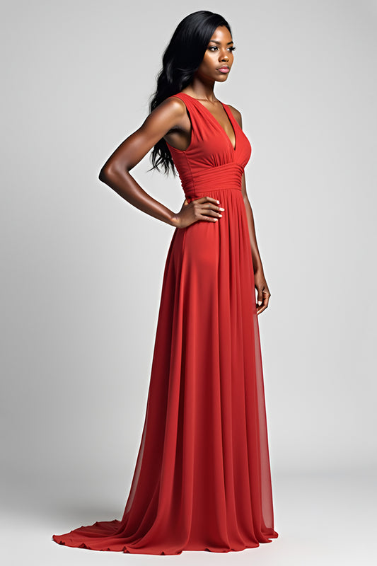 Ruched Red V-Neck Backless Long Formal Dress
