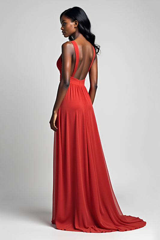 Ruched Red V-Neck Backless Long Formal Dress