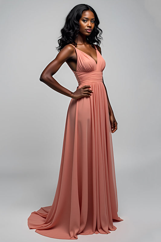 A Line Watermelon Backless Chiffon Long Bridesmaid Dress