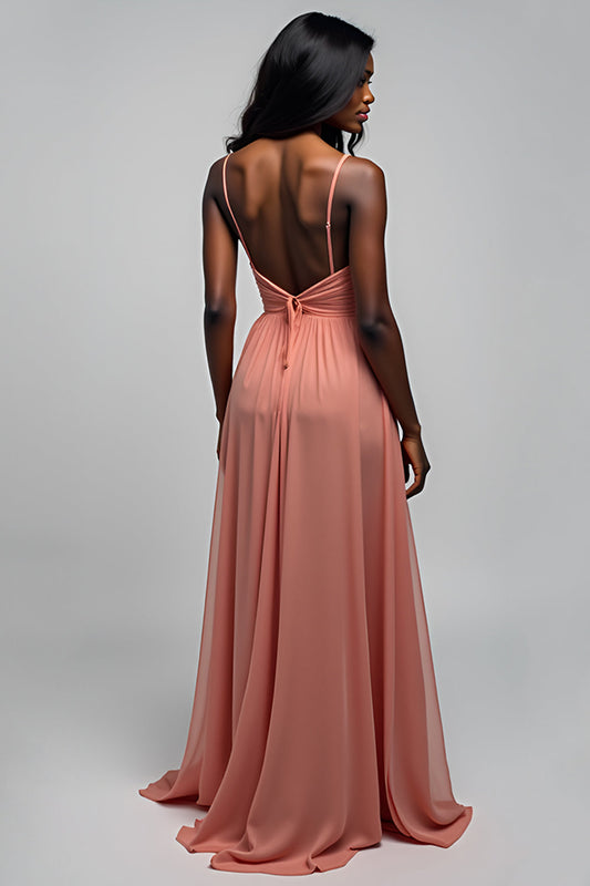 A Line Watermelon Backless Chiffon Long Bridesmaid Dress