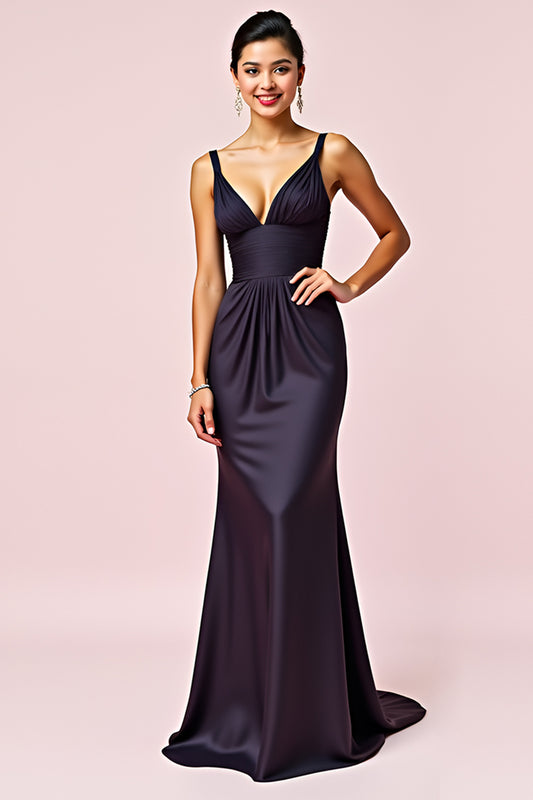 Navy Sheath V-Neck Backless Long Formal Dress