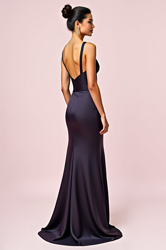 Navy Sheath V-Neck Backless Long Formal Dress