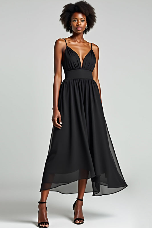A Line Black Spaghetti Straps Tea Length Bridesmaid Dress