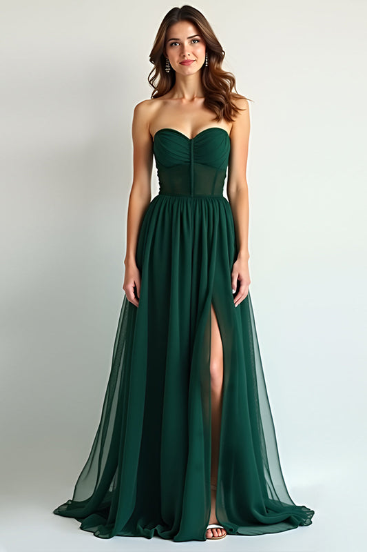Sweetheart Dark Green A Line Ruched Long Bridesmaid Dress with Slit