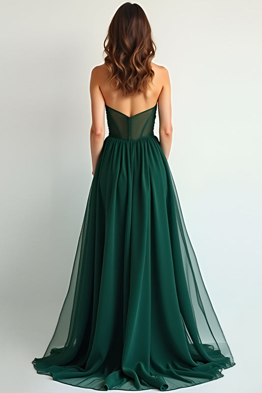 Sweetheart Dark Green A Line Ruched Long Bridesmaid Dress with Slit