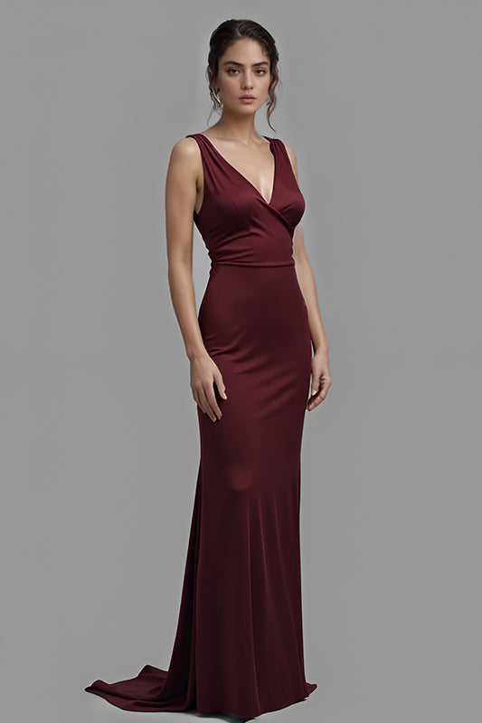 Cabernet Sheath Satin V-Neck Long Formal Dress
