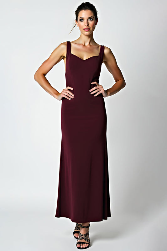 Sheath Cabernet Backless Tea Length Bridesmaid Dress