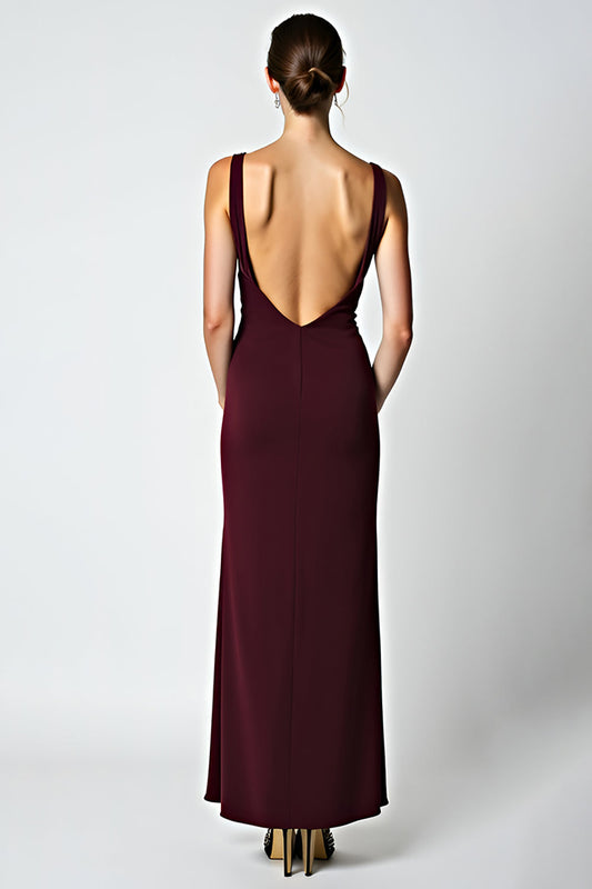 Sheath Cabernet Backless Tea Length Bridesmaid Dress