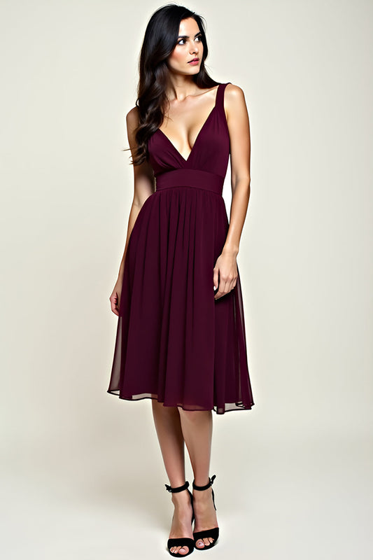 A Line Cabernet Backless Chiffon Tea Length Bridesmaid Dress