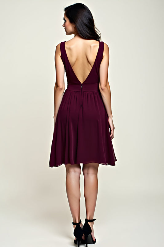 A Line Cabernet Backless Chiffon Tea Length Bridesmaid Dress