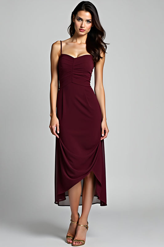 Asymmetrical Cabernet Sheath Tea Length Bridesmaid Dress