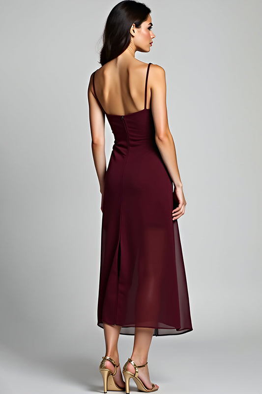 Asymmetrical Cabernet Sheath Tea Length Bridesmaid Dress