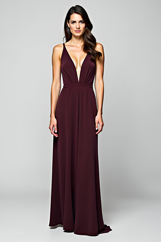 Backless Cabernet Satin Deep V-Neck Long Formal Dress