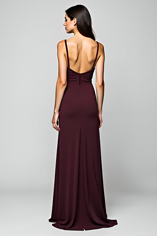 Backless Cabernet Satin Deep V-Neck Long Formal Dress