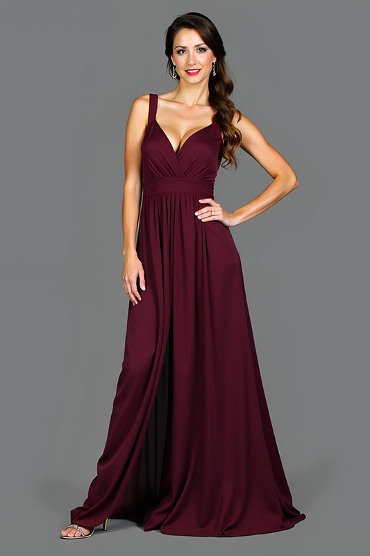 A Line Ruched Cabernet Backless Long Formal Dress