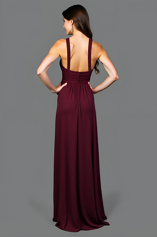 A Line Ruched Cabernet Backless Long Formal Dress