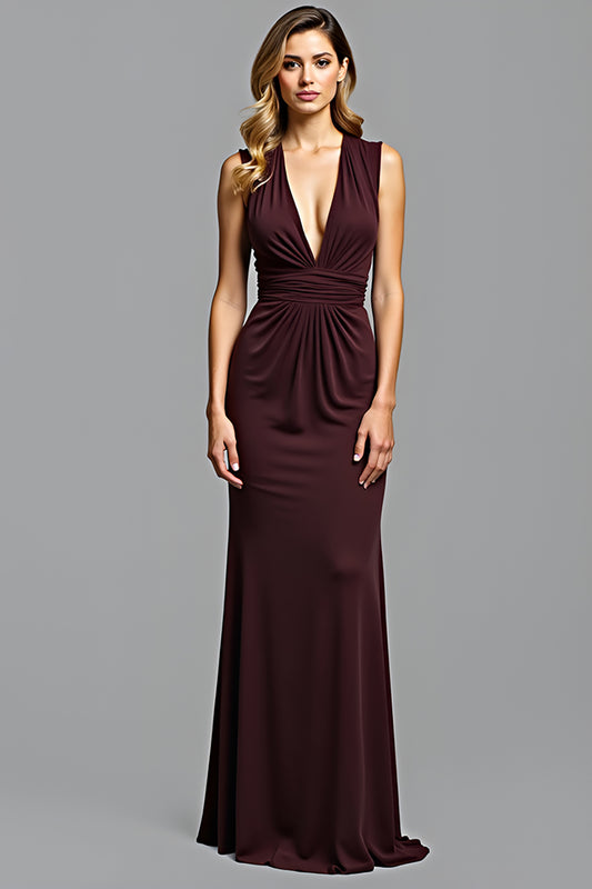 Sheath Deep V-Neck Ruched Cabernet Long Formal Dress