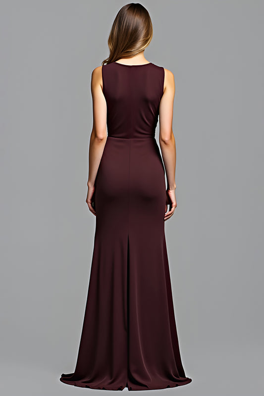 Sheath Deep V-Neck Ruched Cabernet Long Formal Dress