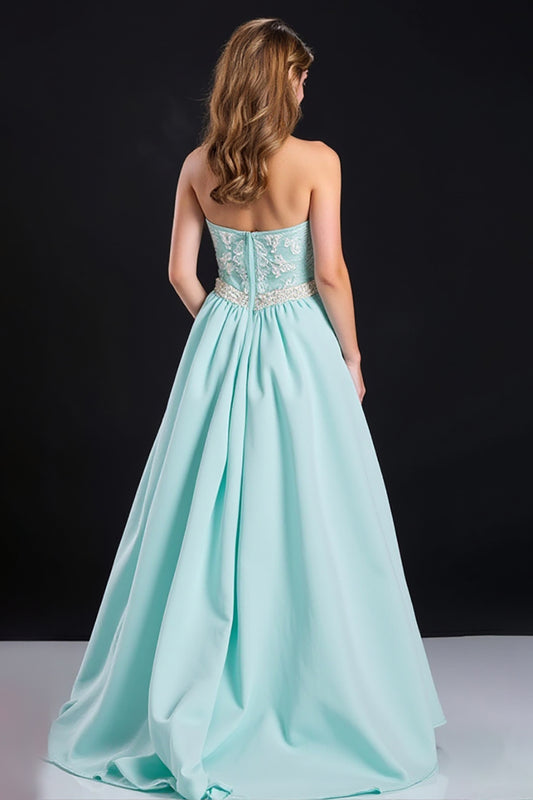 Lace Appliqued Mint Sweetheart A line Long Prom Dress