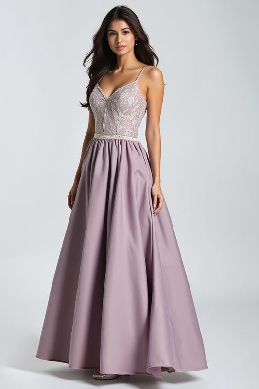 V-Neck Purple A Line Ruched Long Prom Dress