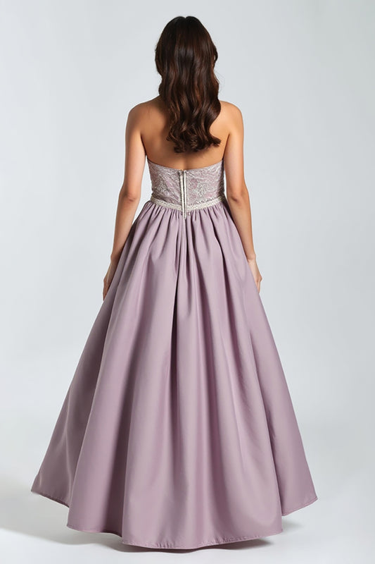 V-Neck Purple A Line Ruched Long Prom Dress