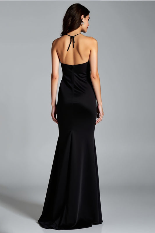 Halter Black Sheath Satin Long Prom Dress with Slit