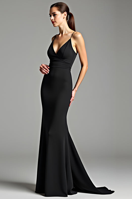 Spaghetti Straps Black Satin Backless Long Black Tie Dress