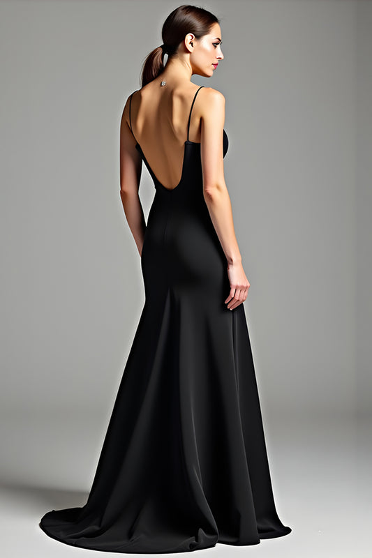 Spaghetti Straps Black Satin Backless Long Black Tie Dress