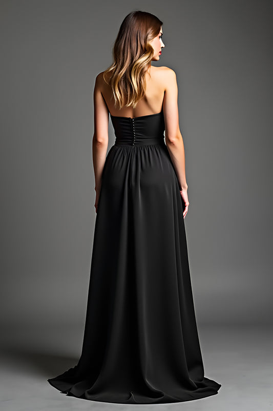 A Line Sweetheart Black Ruched Long Black Tie Dress